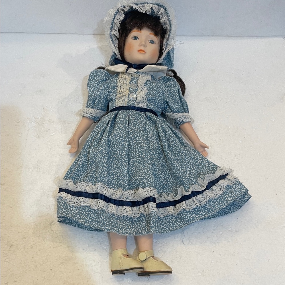 Vintage 80s Porcelain Doll brunette blue eyes blue lace dress Bonnet shoes 15”